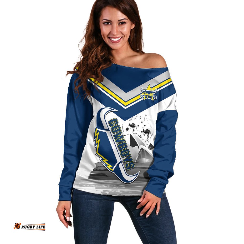 Custom Australia Day Cowboys Off Shoulder Sweater NRL 2024 Sydney Opera House With Map