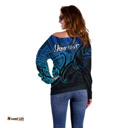 Custom Aotearoa Maori Koru Off Shoulder Sweater Polynesian Pacific Tribal Blue