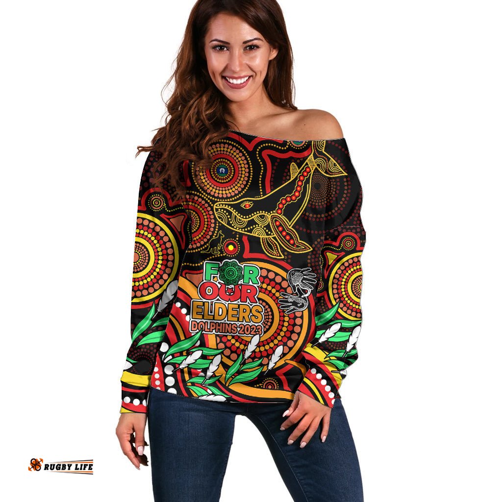 Custom Dolphins Rugby Aboriginal Art Off Shoulder Sweater NAIDOC Indigenous Tribal