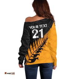 Custom Australia Wallabies and Aotearoa Rugby Off Shoulder Sweater Kangaroo Black Fern Maori Gold Vibe