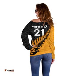 Custom Australia Wallabies and Aotearoa Rugby Off Shoulder Sweater Kangaroo Black Fern Maori Gold Vibe