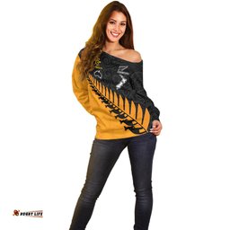 Custom Australia Wallabies and Aotearoa Rugby Off Shoulder Sweater Kangaroo Black Fern Maori Gold Vibe