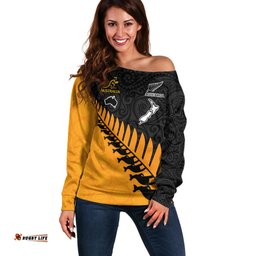 Custom Australia Wallabies and Aotearoa Rugby Off Shoulder Sweater Kangaroo Black Fern Maori Gold Vibe