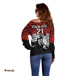 Custom Dragons Rugby Off Shoulder Sweater Red V Hibiscus and Turtle With Polynesian Pattern