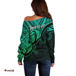 Custom Aotearoa Maori Koru Off Shoulder Sweater Polynesian Pacific Tribal Green