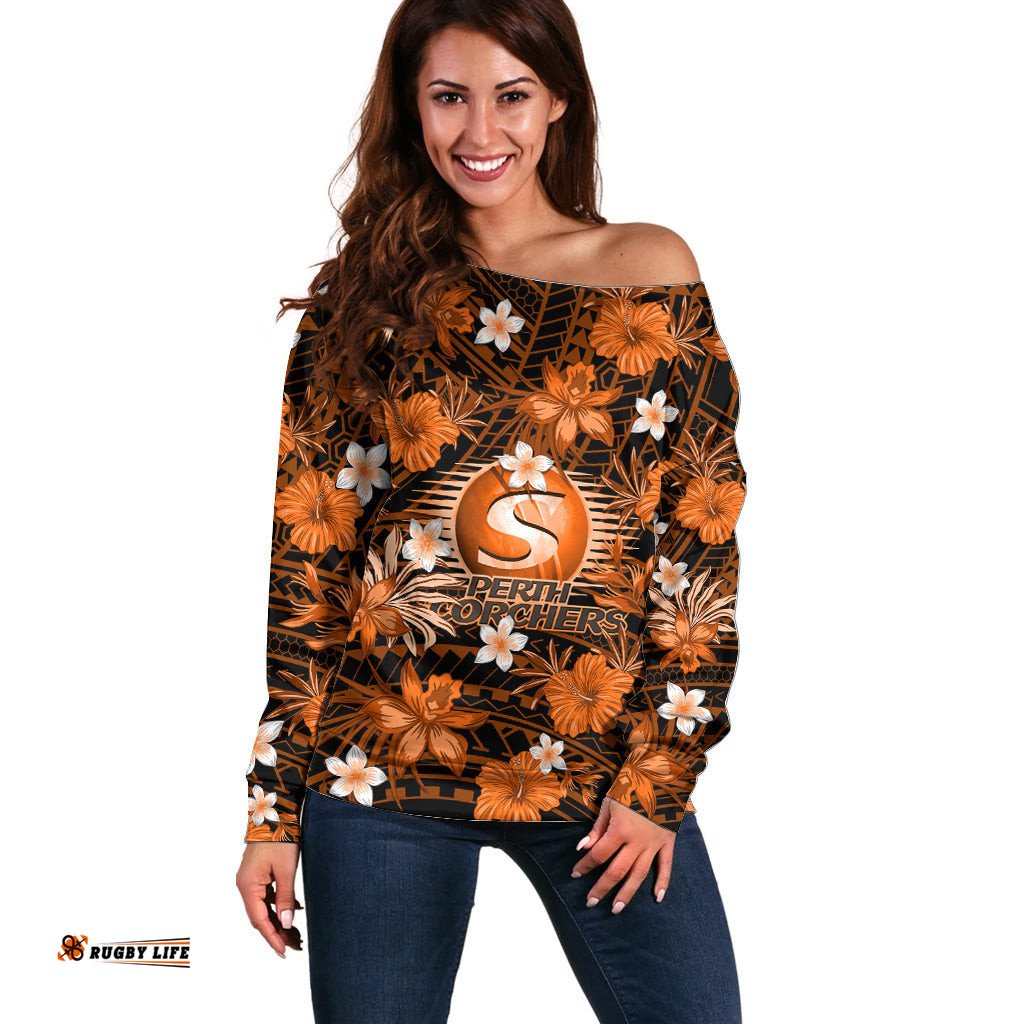 Australian Scorchers Cricket Off Shoulder Sweater Baeuty Pacific Hibiscus and Polynesian Pattern