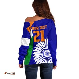 Custom India Cricket Off Shoulder Sweater Men in Blue World Cup Bharat Flag Style