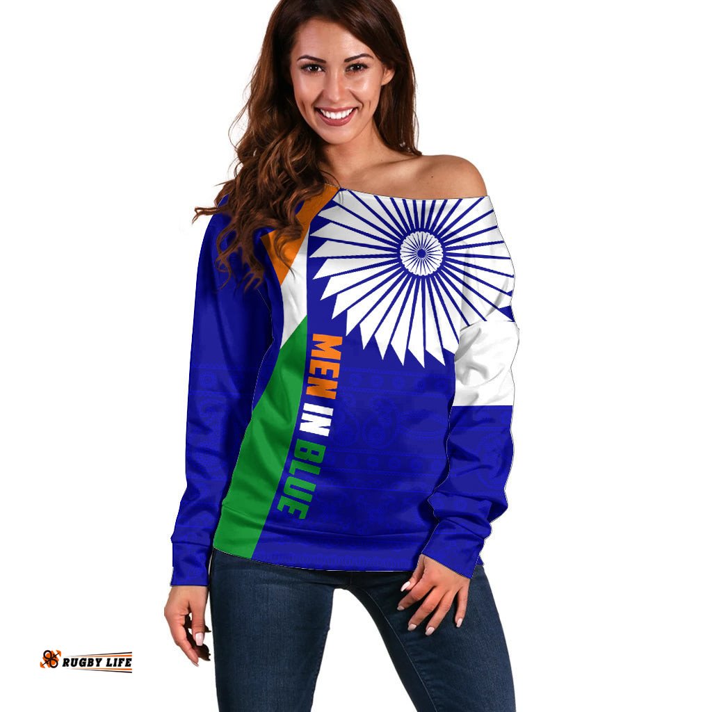 Custom India Cricket Off Shoulder Sweater Men in Blue World Cup Bharat Flag Style