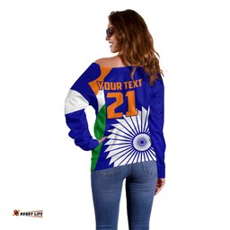 Custom India Cricket Off Shoulder Sweater Men in Blue World Cup Bharat Flag Style