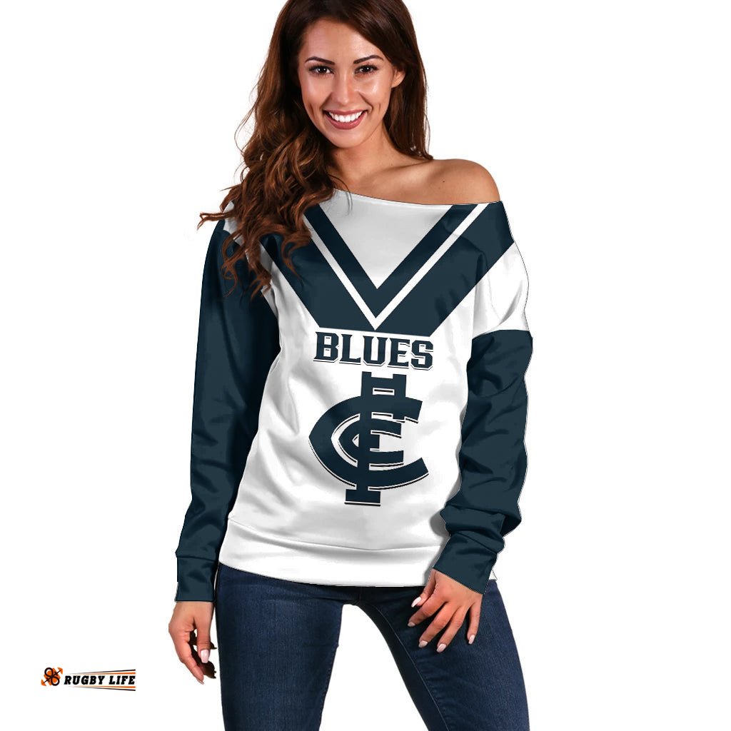 Carlton Football Off Shoulder Sweater Go Blues White Simple Style