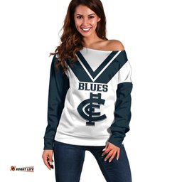 Carlton Football Off Shoulder Sweater Go Blues White Simple Style