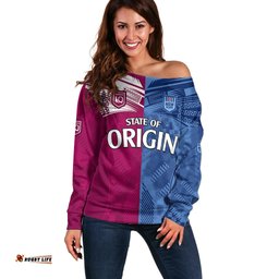 Blues and Maroons Rugby Off Shoulder Sweater State of Origin NSW Combine QLD Sporty Style 2023