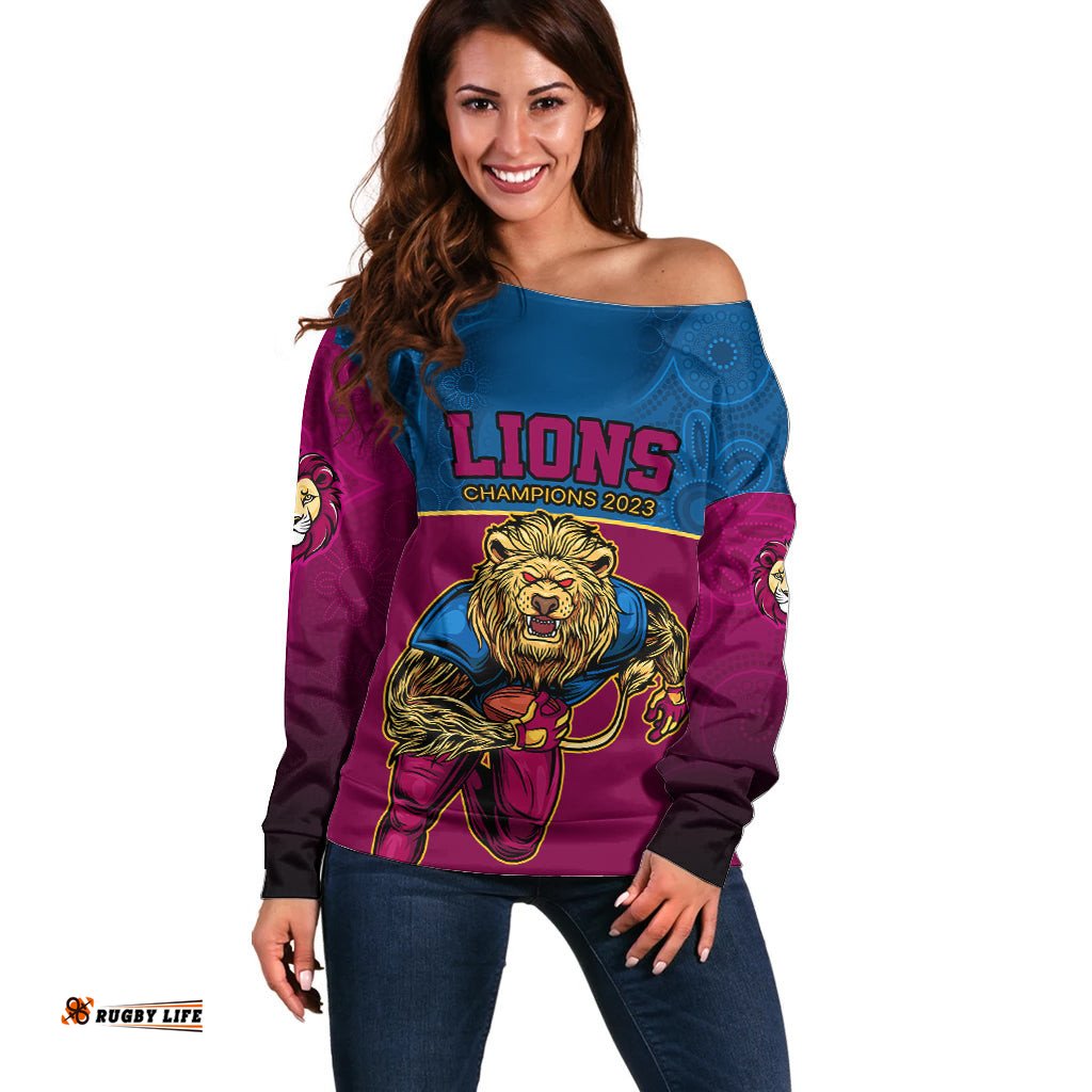 Custom AFL Lions Champions Off Shoulder Sweater Proud Brisbane Aboriginal Vibe