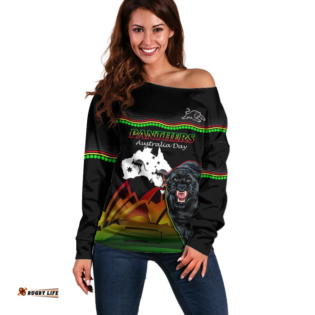 Custom Australia Day Panthers Off Shoulder Sweater NRL 2024 Sydney Opera House With Map Black