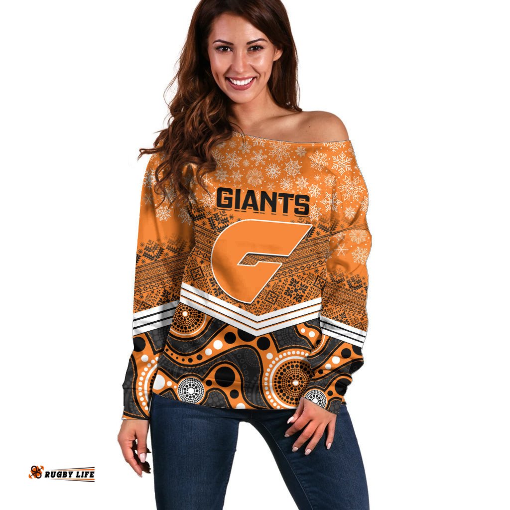 Custom Giants Football Christmas Off Shoulder Sweater Merry Xmas Mix Aboriginal Art