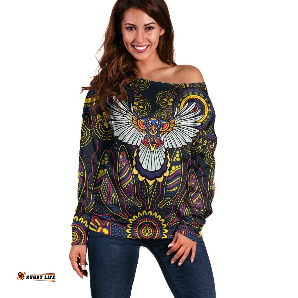 Custom Adelaide Football Off Shoulder Sweater With Crow Aboriginal Art Style
