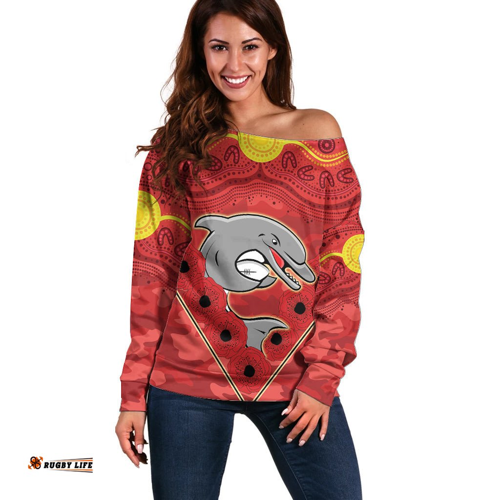 Custom Dolphins Rugby ANZAC Off Shoulder Sweater Aboriginal and Army Patterns