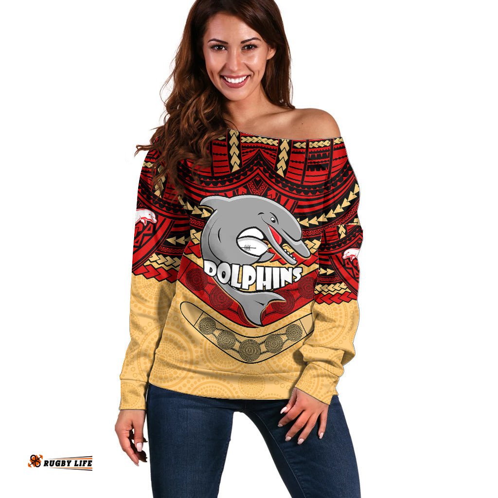 Custom Dolphins Rugby Off Shoulder Sweater Polynesian and Aboriginal Vibe