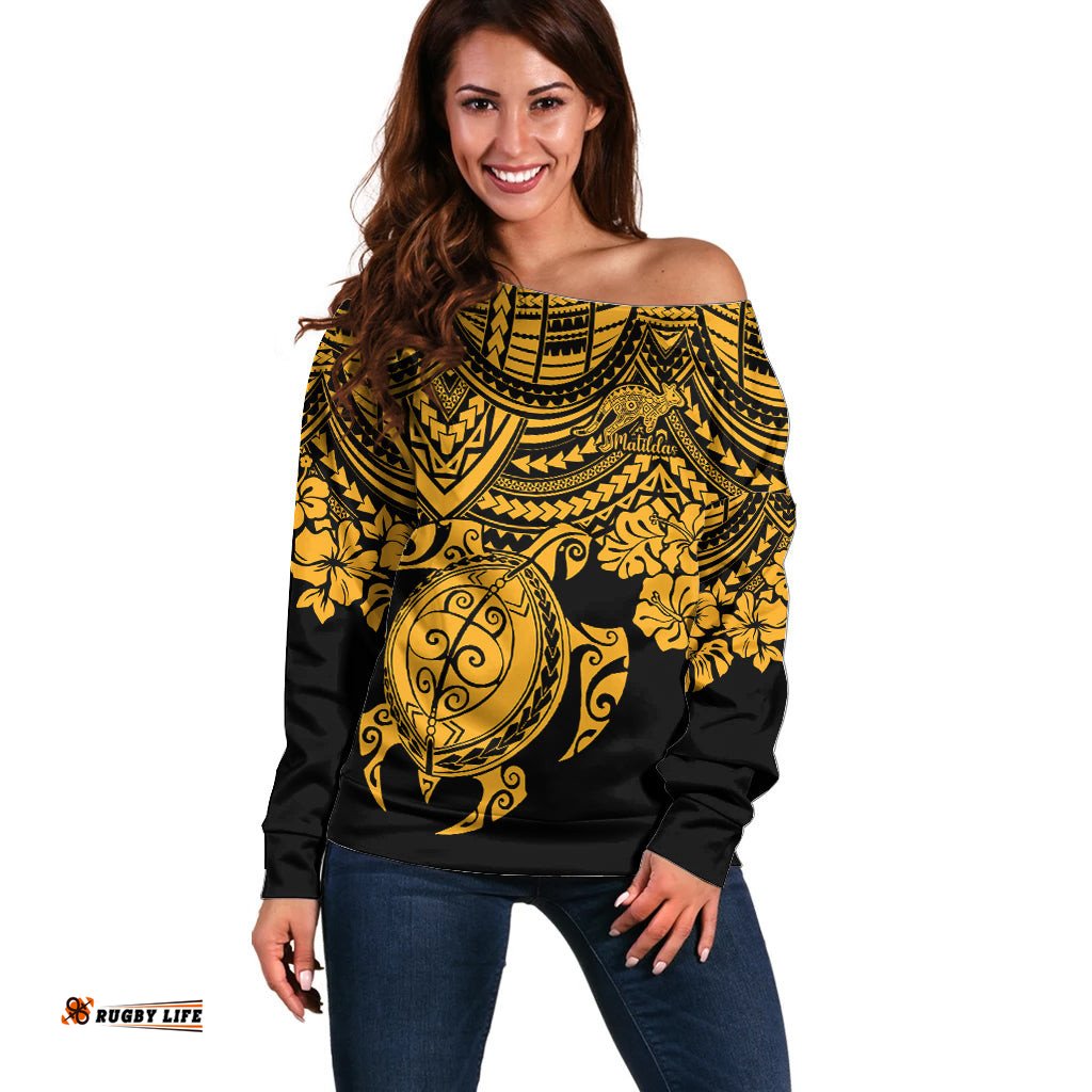 Custom Australia Matildas Off Shoulder Sweater Hibiscus and Turtle With Polynesian Pattern
