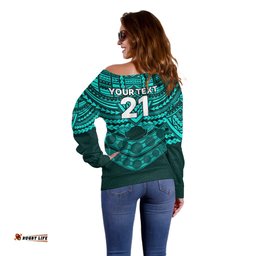 Custom Matildas Soccer Off Shoulder Sweater Polynesian and Aboriginal Turquoise Vibe