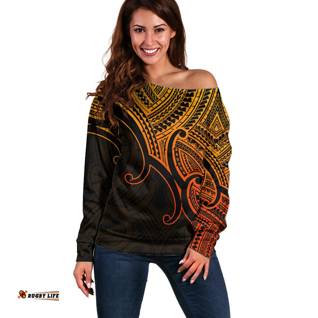 Custom Aotearoa Maori Koru Off Shoulder Sweater Polynesian Pacific Tribal Gold