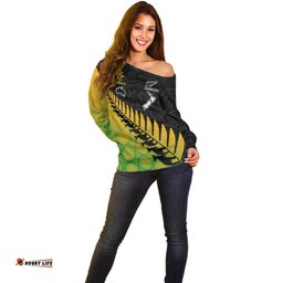 Custom Australia Wallabies and Aotearoa Rugby Off Shoulder Sweater Kangaroo Black Fern Maori Gradient Vibe