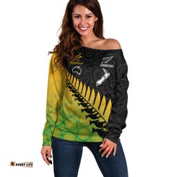 Custom Australia Wallabies and Aotearoa Rugby Off Shoulder Sweater Kangaroo Black Fern Maori Gradient Vibe