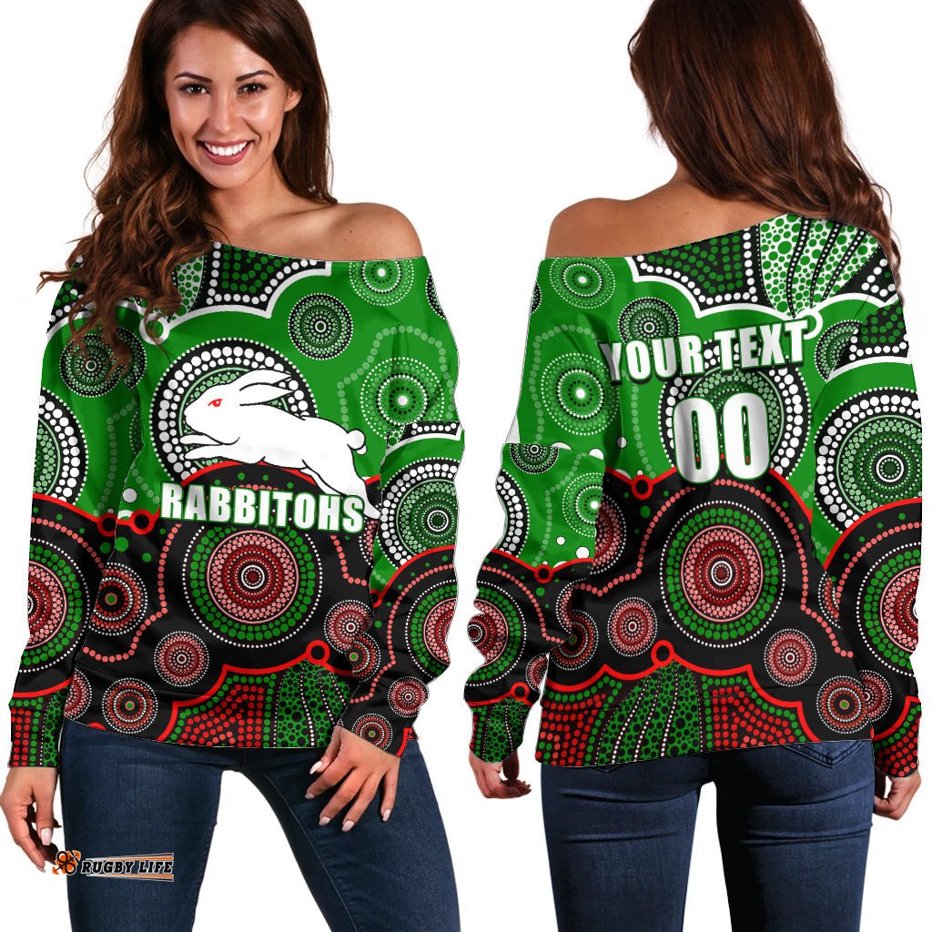 Custom Personalised And Number Rabbitohs NRL Off Shoulder Sweater Aboriginal Patterns