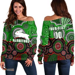 Custom Personalised And Number Rabbitohs NRL Off Shoulder Sweater Aboriginal Patterns