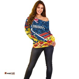 Custom Text And Number Cowboys Rugby ANZAC Off Shoulder Sweater Lest We Forget