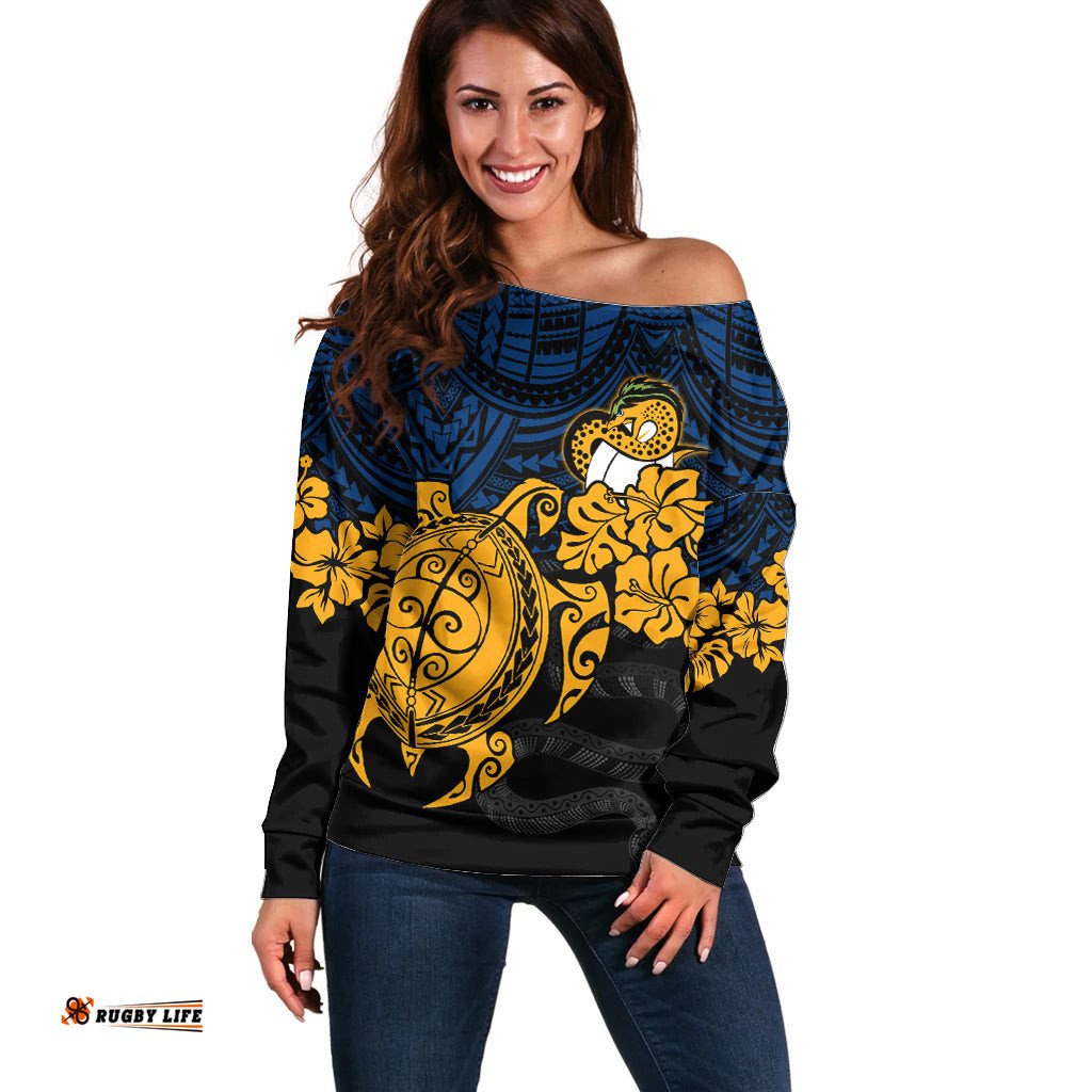 Custom Parra Eels Rugby Off Shoulder Sweater Hibiscus and Turtle With Polynesian Pattern