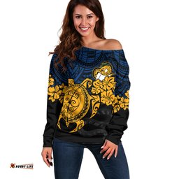Custom Parra Eels Rugby Off Shoulder Sweater Hibiscus and Turtle With Polynesian Pattern