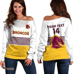 Custom Text And Number Broncos Rugby Off Shoulder Sweater Sporty Style White Version