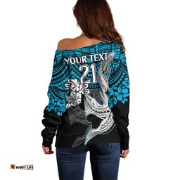 Custom Sharks Rugby Off Shoulder Sweater Hibiscus and Sharkies Tattoo With Polynesian Pattern