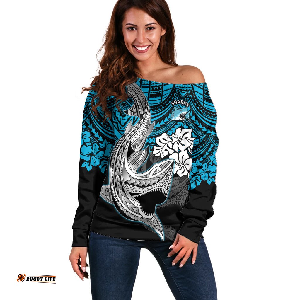 Custom Sharks Rugby Off Shoulder Sweater Hibiscus and Sharkies Tattoo With Polynesian Pattern