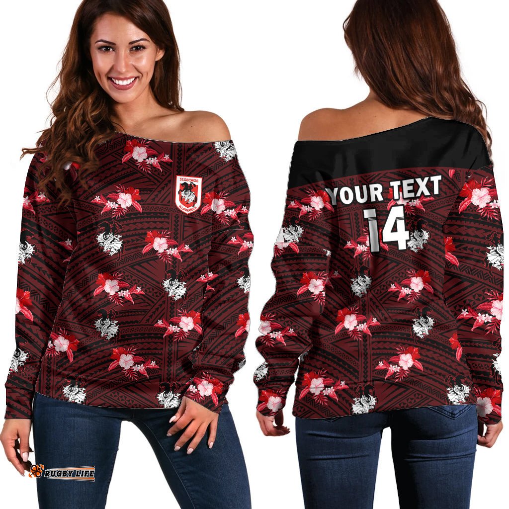 Custom Text And Number Dragons Rugby Off Shoulder Sweater Polynesian Tribal Mix Tropical Hawaiian Style