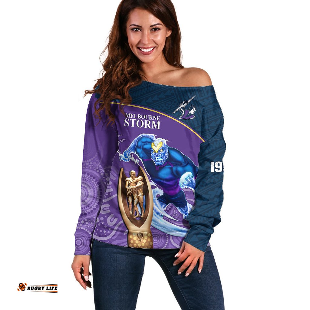 Custom Storm Rugby Off Shoulder Sweater Go Champions Mascot With Polynesian Indigenous Art