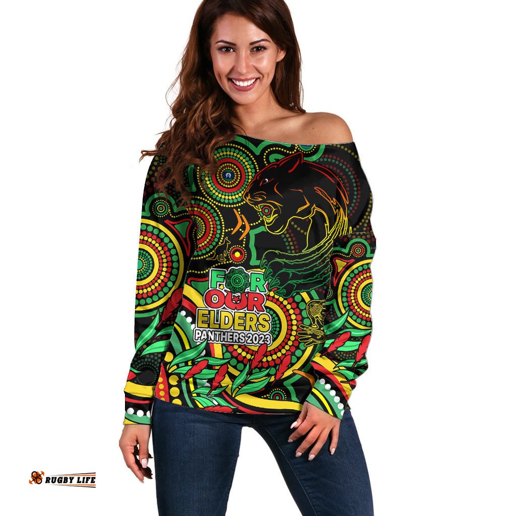 Custom Panthers Rugby Aboriginal Art Off Shoulder Sweater NAIDOC Indigenous Tribal