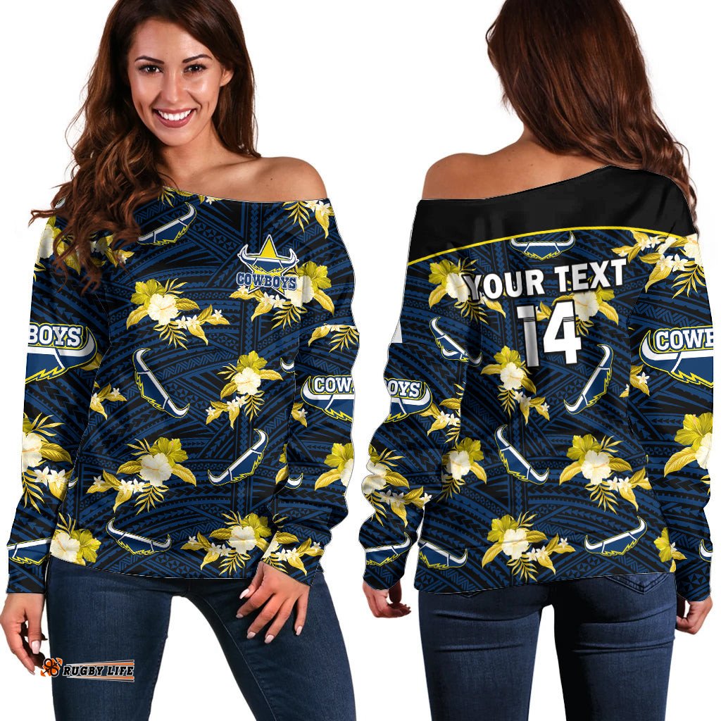 Custom Text And Number Cowboys Rugby Off Shoulder Sweater Polynesian Tribal Mix Tropical Hawaiian Blue Style