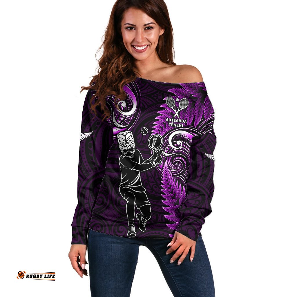 Custom New Zealand Tiki Tennis Off Shoulder Sweater 2024 Aotearoa Tenehi Maori Silver Fern Purple