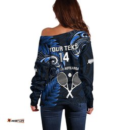 Custom New Zealand Tiki Tennis Off Shoulder Sweater 2024 Aotearoa Tenehi Maori Silver Fern Blue