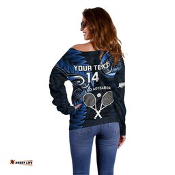 Custom New Zealand Tiki Tennis Off Shoulder Sweater 2024 Aotearoa Tenehi Maori Silver Fern Blue