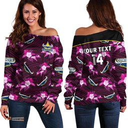 Custom Text And Number Cowboys Rugby Off Shoulder Sweater Polynesian Tribal Mix Tropical Hawaiian Pink Style