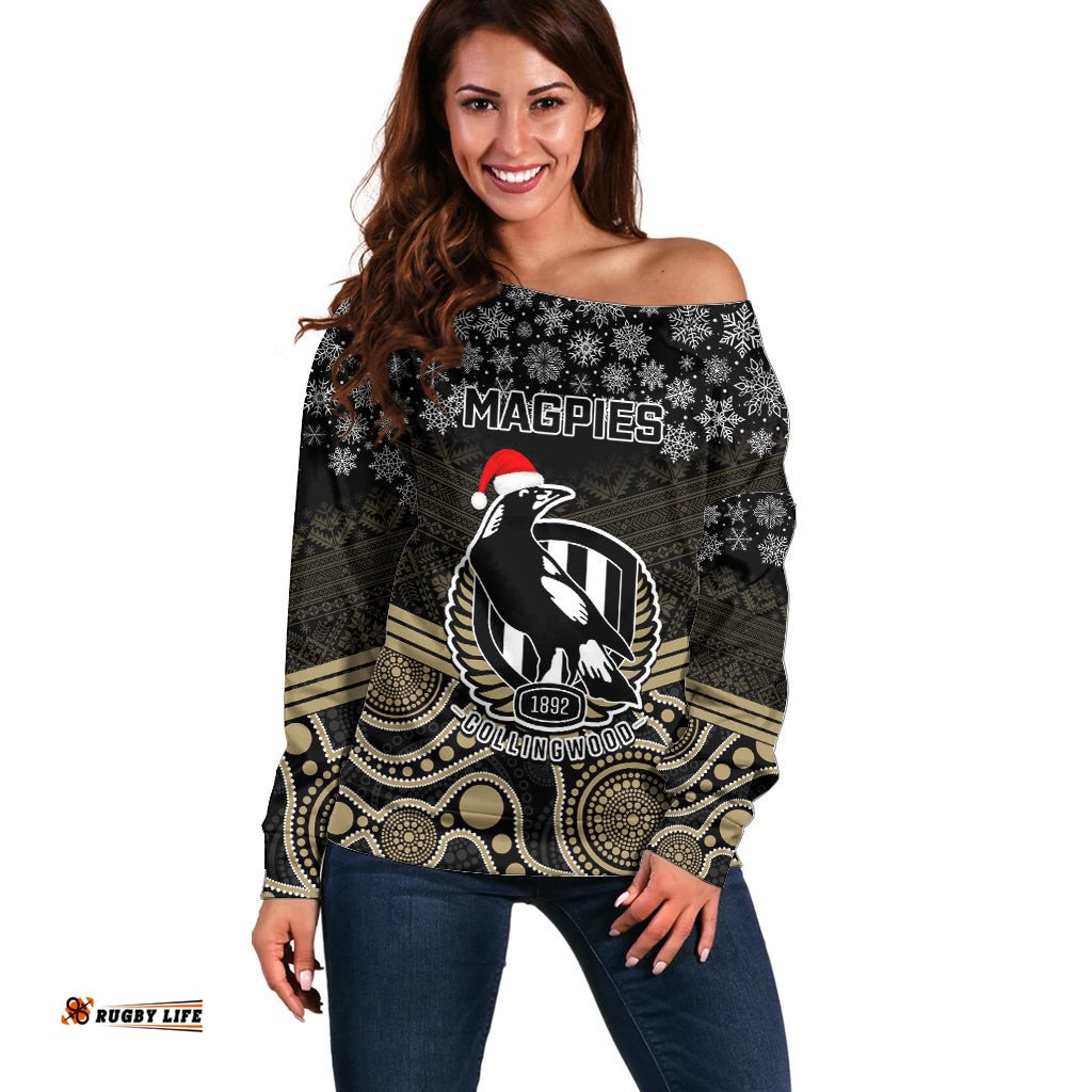 Custom Collingwood Football Christmas Off Shoulder Sweater Merry Xmas Mix Aboriginal Art