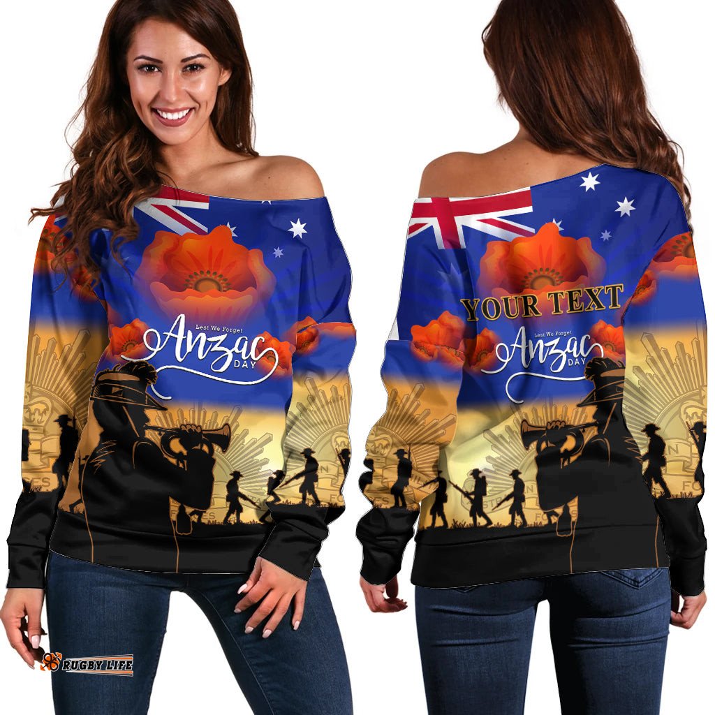 Custom Personalised Aussie ANZAC Off Shoulder Sweater Australian Army Poppy Mix Flag 04