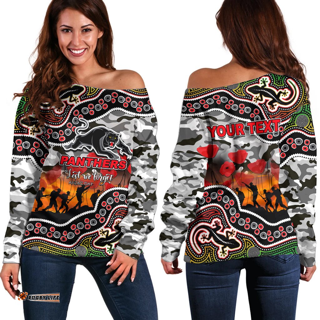 Custom Personalised Anzac Day NRL Panthers Off Shoulder Sweater Aboriginal Lizard Patterns