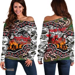 Custom Personalised Anzac Day NRL Panthers Off Shoulder Sweater Aboriginal Lizard Patterns