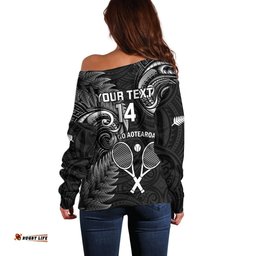 Custom New Zealand Tiki Tennis Off Shoulder Sweater 2024 Aotearoa Tenehi Maori Silver Fern Black