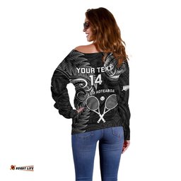 Custom New Zealand Tiki Tennis Off Shoulder Sweater 2024 Aotearoa Tenehi Maori Silver Fern Black
