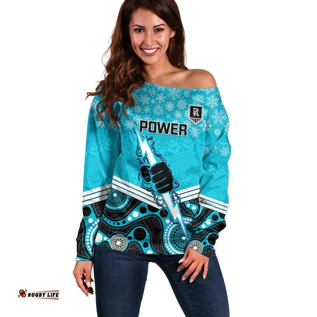 Custom Port Adelaide Football Christmas Off Shoulder Sweater Merry Xmas Mix Aboriginal Art